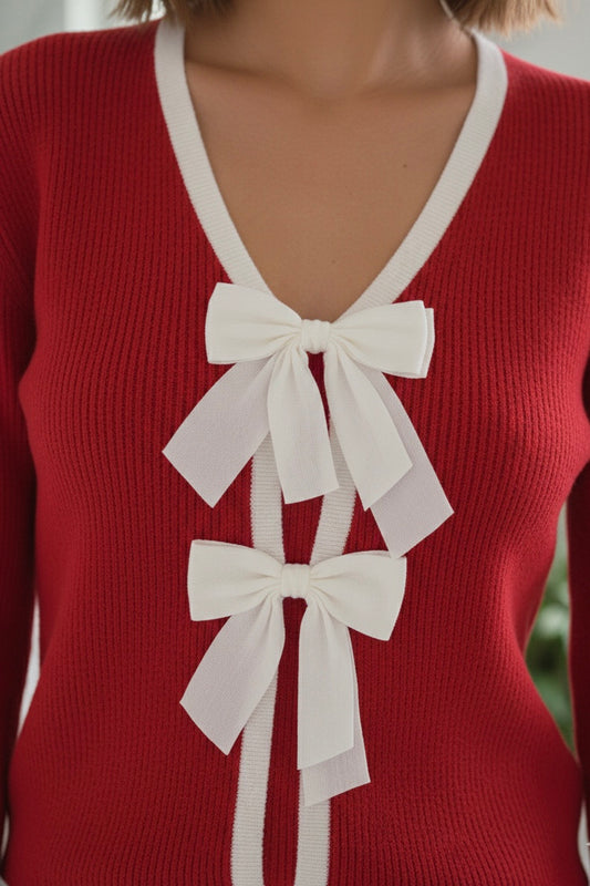 Cardigan Rouge Coquette à Nœuds Blancs CUPSHE
