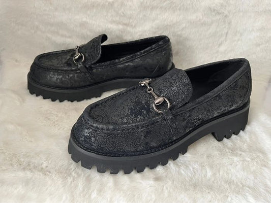 Mocassins à Plateforme "Chunky" – Noir Effet Craquelé