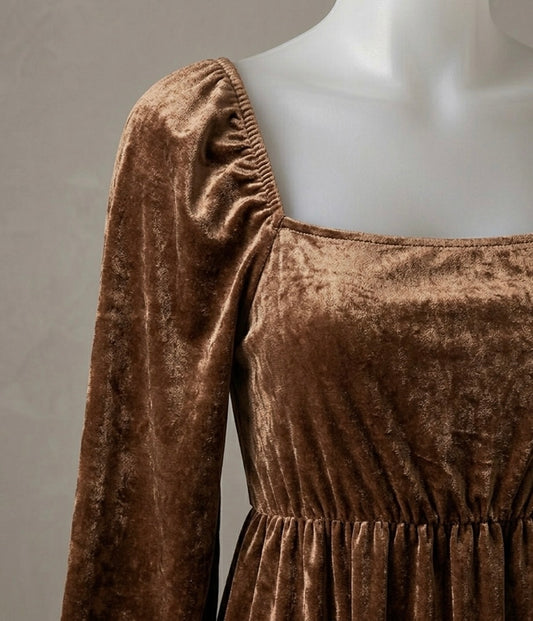 Robe Longue en Velours Brillant – Marron Glacé
