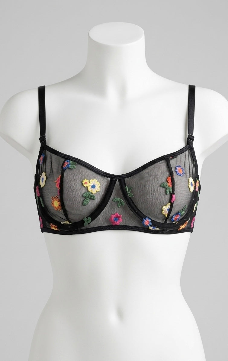 Soutien-gorge en tulle noir brodé de fleurs colorées