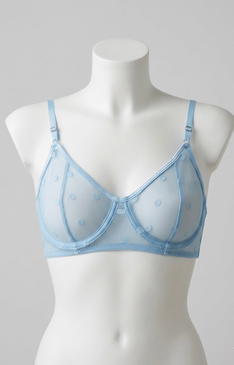 Soutien-gorge à armatures en tulle bleu ciel à pois