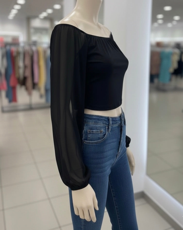 Top noir col bardot – Manches bouffantes transparentes