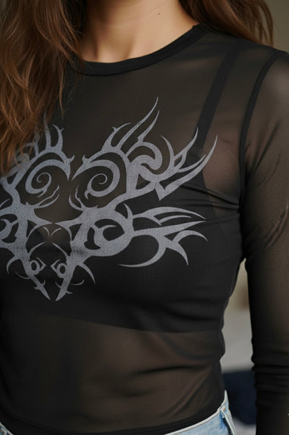 Top en Mesh Noir Motif Tribal Graphique Jennyfer