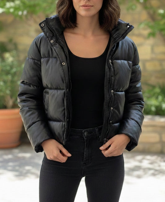 Doudoune Courte Simili Cuir Noir - Jennyfer
