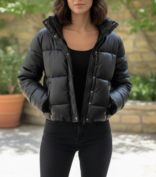 Doudoune Courte Simili Cuir Noir - Jennyfer