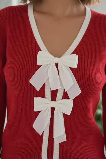 Cardigan Rouge Coquette à Nœuds Blancs CUPSHE
