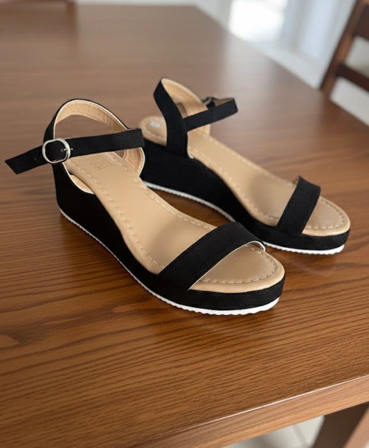 Sandales Compensées Daim Noir & Semelle Contrastée