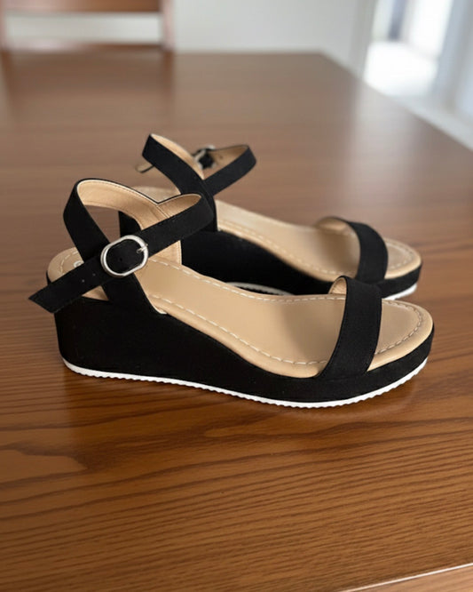 Sandales Compensées Daim Noir & Semelle Contrastée