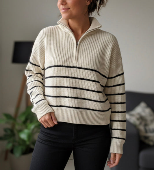 Pull rayé crème et noir Jennyfer