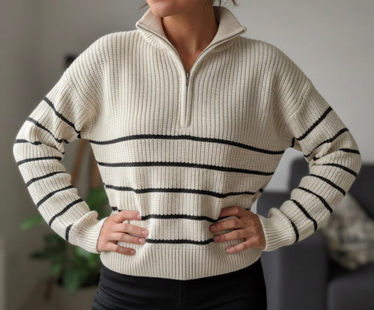 Pull rayé crème et noir Jennyfer