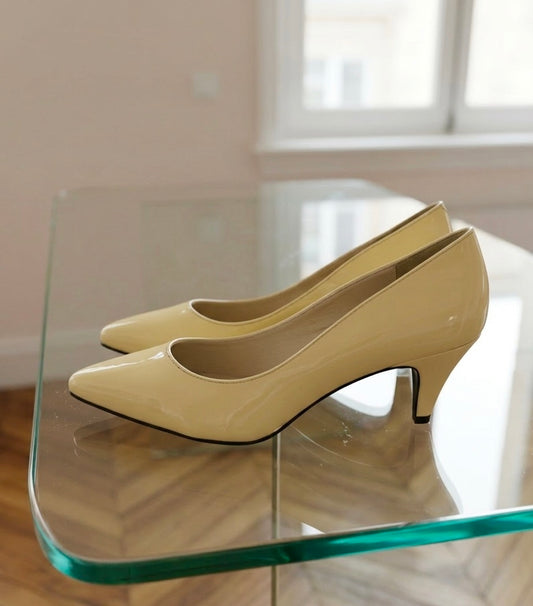 Escarpins en Cuir Verni Jaune Pâle / Crème