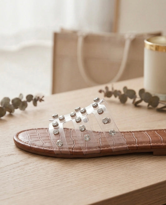 Mules Plates à Brides Transparentes et Strass – Élégance Cristalline