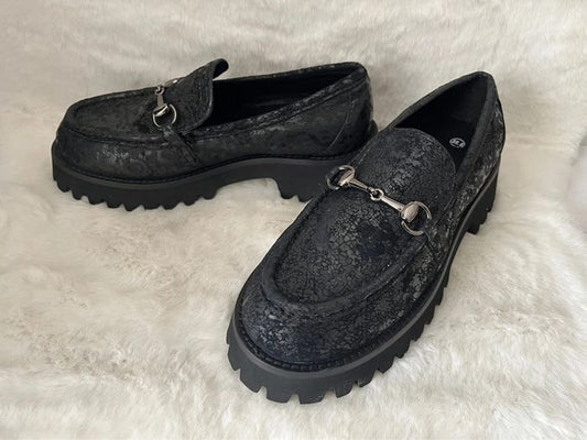 Mocassins à Plateforme "Chunky" – Noir Effet Craquelé
