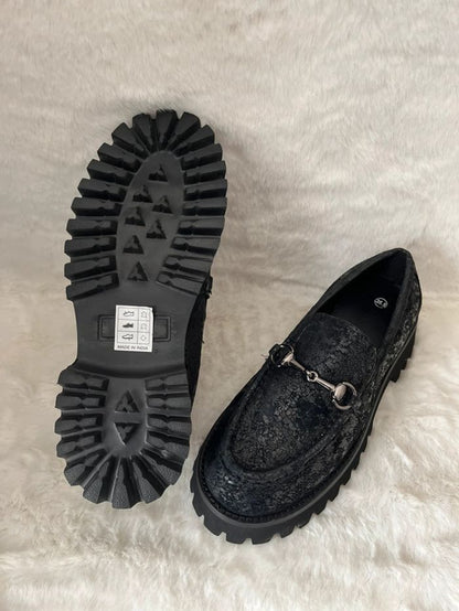 Mocassins à Plateforme "Chunky" – Noir Effet Craquelé
