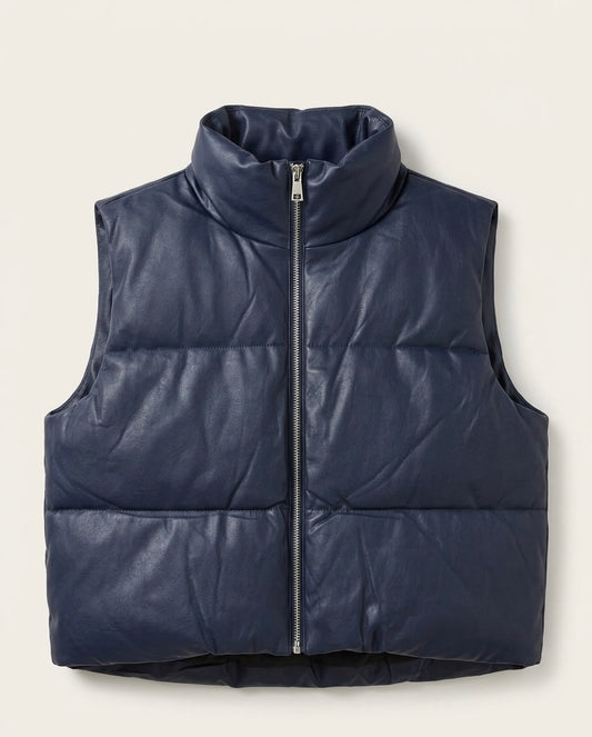 Doudoune Sans Manches en Simili Cuir Bleu Marine