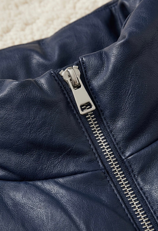 Doudoune Sans Manches en Simili Cuir Bleu Marine