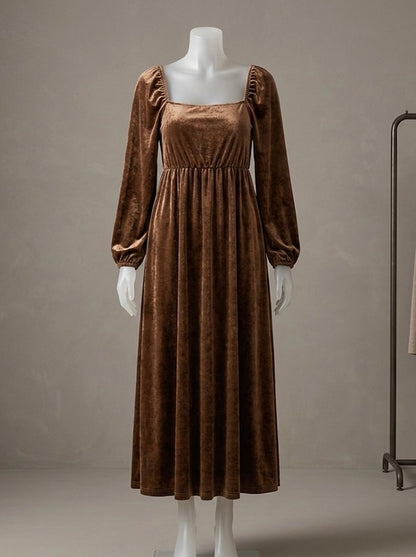 Robe Longue en Velours Brillant – Marron Glacé