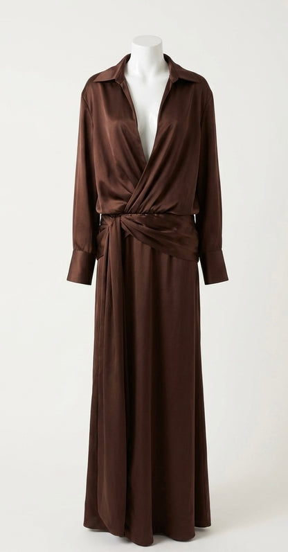 Robe Longue Satinée Chocolat - Coupe Cache-Cœur