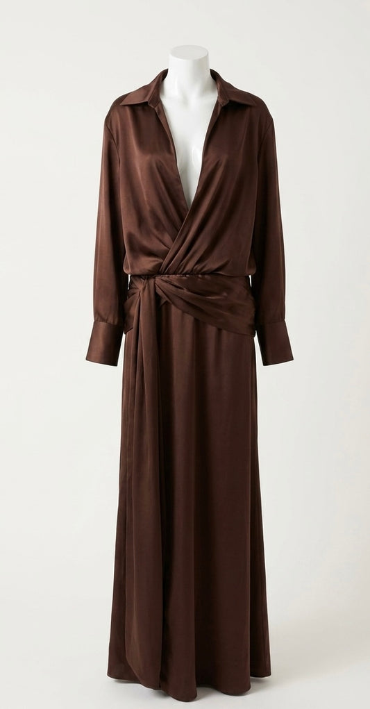 Robe Longue Satinée Chocolat - Coupe Cache-Cœur