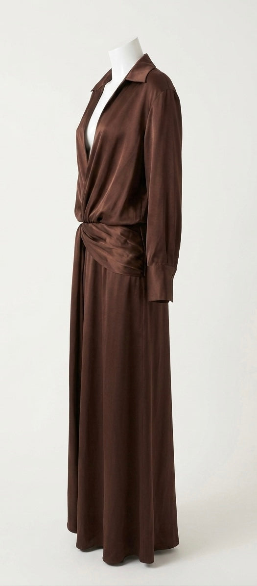 Robe Longue Satinée Chocolat - Coupe Cache-Cœur