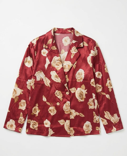 Blazer satiné bordeaux à imprimé roses crème