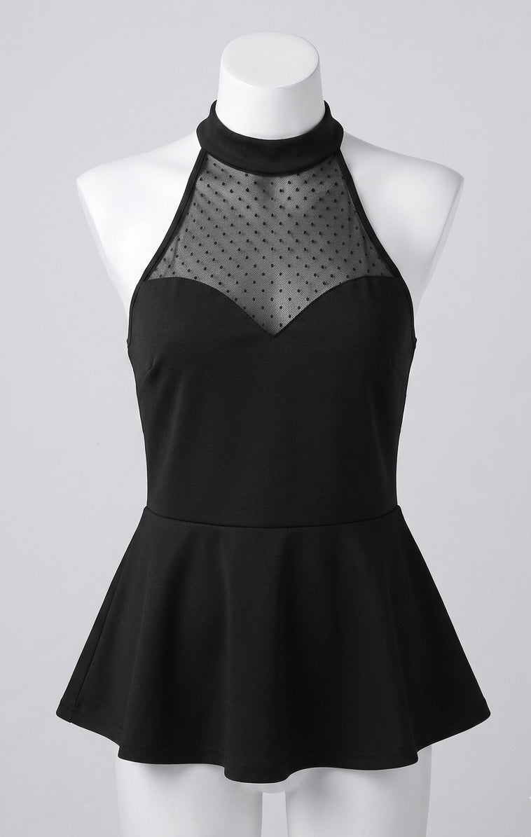 Top Peplum Halter Noir – Élégance et Jeu de Transparence