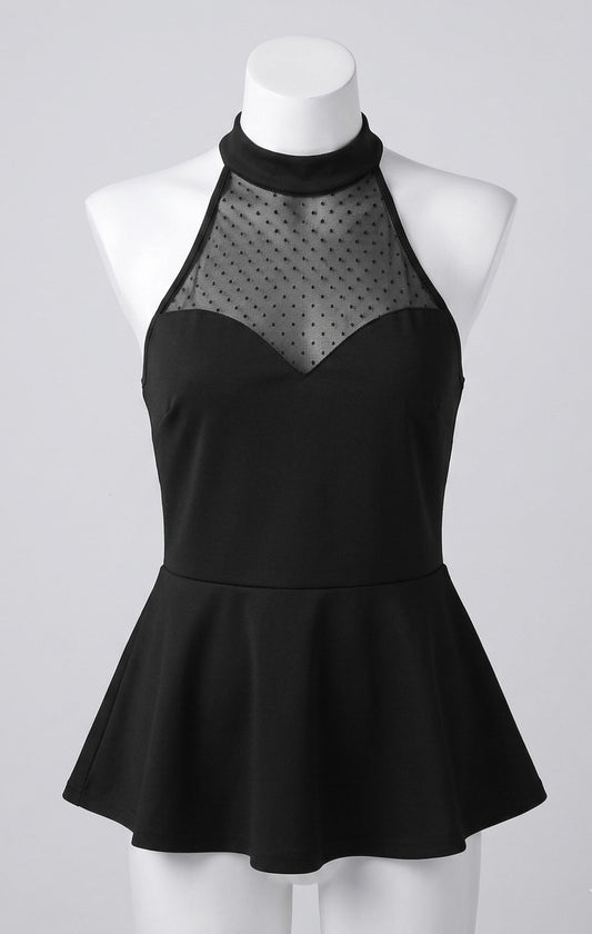 Top Peplum Halter Noir – Élégance et Jeu de Transparence