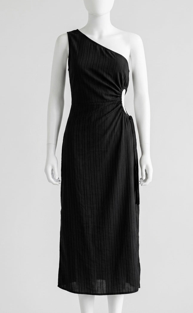 Robe Longue Noire Asymétrique – Coupe One-Shoulder & Détail Cut-Out