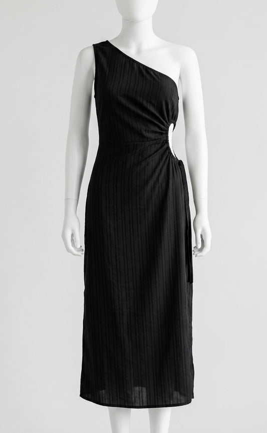Robe Longue Noire Asymétrique – Coupe One-Shoulder & Détail Cut-Out