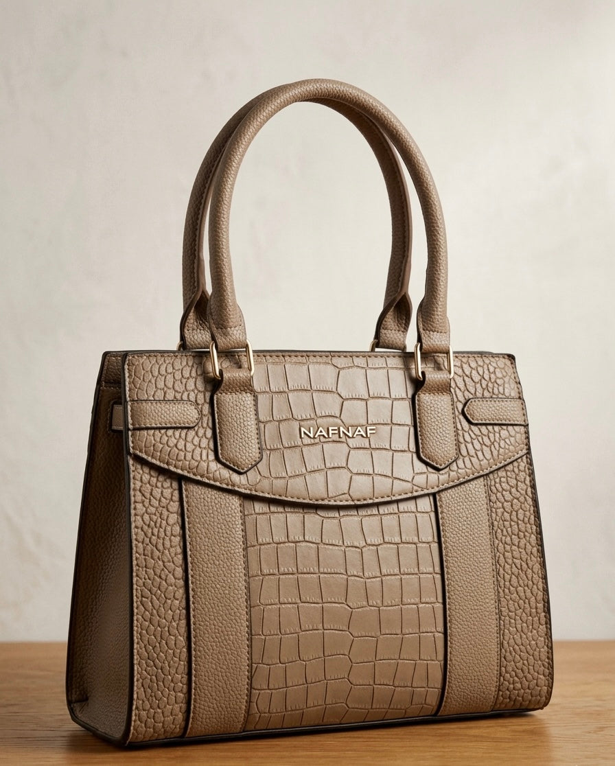 Sac à Main Cabas NAF NAF – Effet Bi-Matière Croco et Grainé - Taupe / Beige Marron