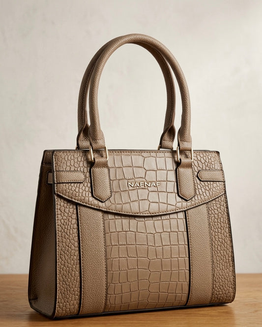 Sac à Main Cabas NAF NAF – Effet Bi-Matière Croco et Grainé - Taupe / Beige Marron