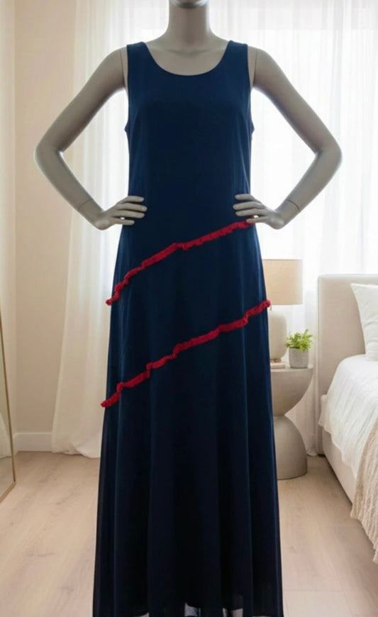 Robe Longue Fluide Marine & Volants Rouges