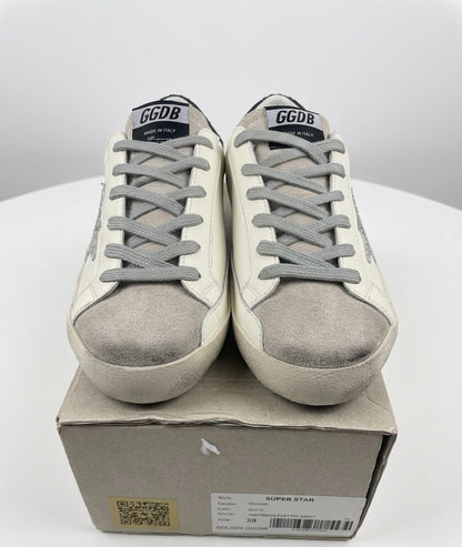 Sneakers Golden Goose Super-Star Cuir — Étoile Pailletée Argent & Contrefort Bleu Marine Glitter