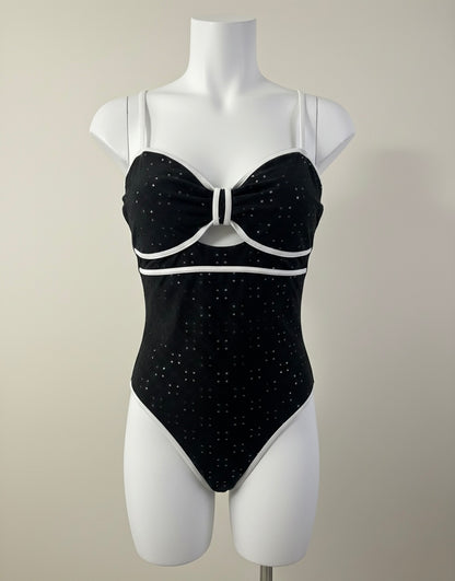 Maillot de bain 1 pièce vintage chic - Noir à pois brodés