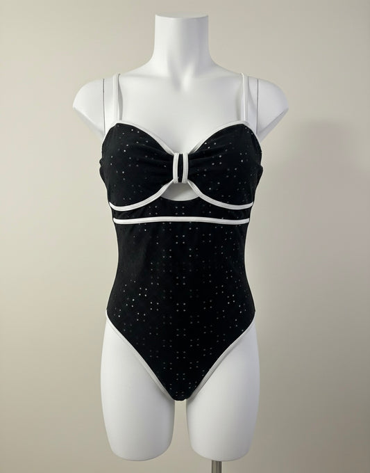 Maillot de bain 1 pièce vintage chic - Noir à pois brodés