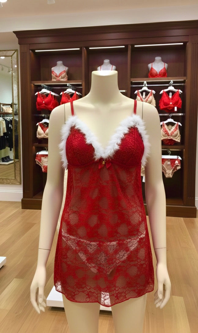 Nuisette de Noël en Dentelle Rouge Style Mère Noël