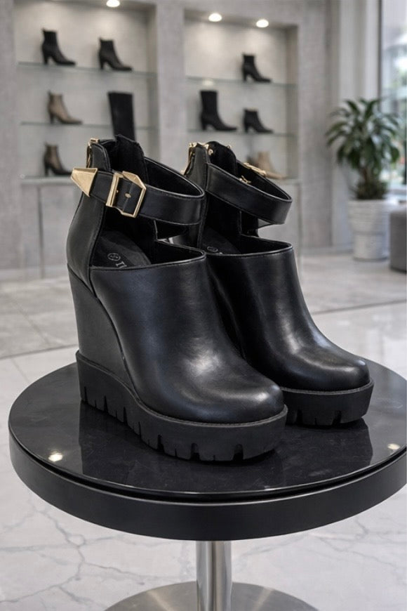 Bottines compensées à bride cheville – Noir & Or