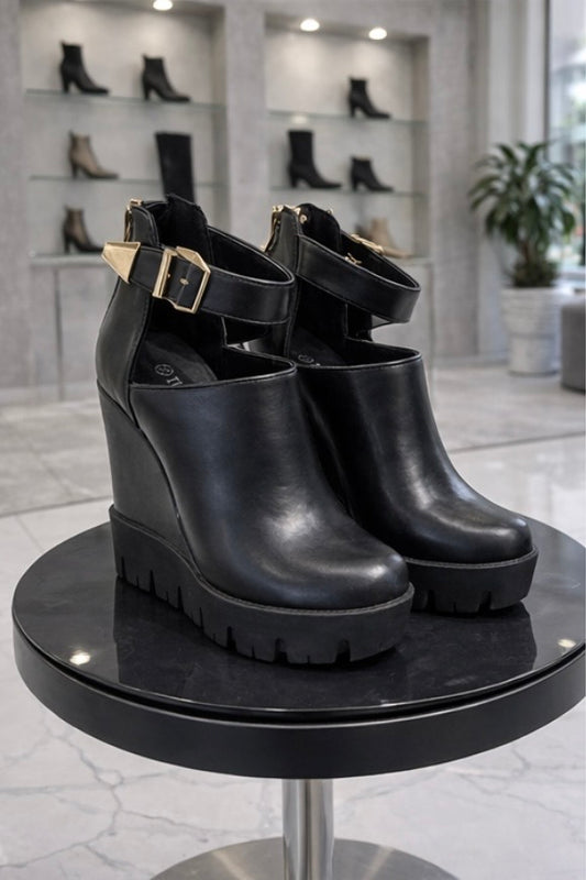 Bottines compensées à bride cheville – Noir & Or
