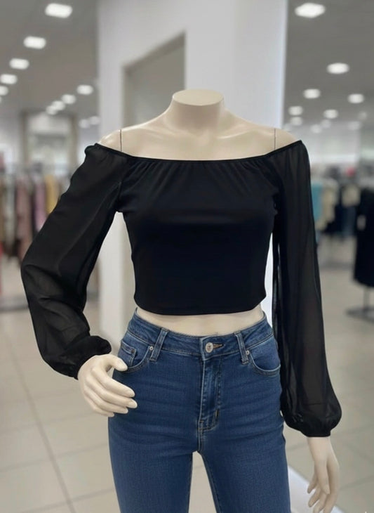 Top noir col bardot – Manches bouffantes transparentes